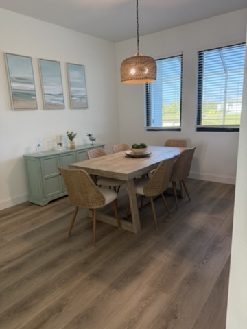 Dining room with rattan chairs and pendant light