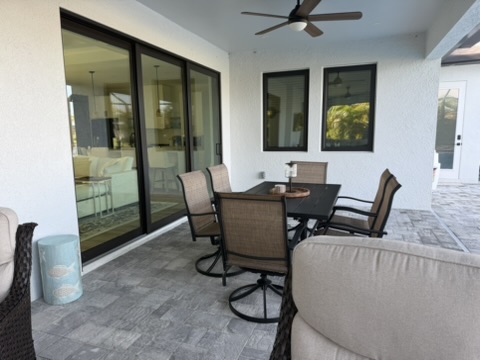 Covered patio dining from outdoor angle